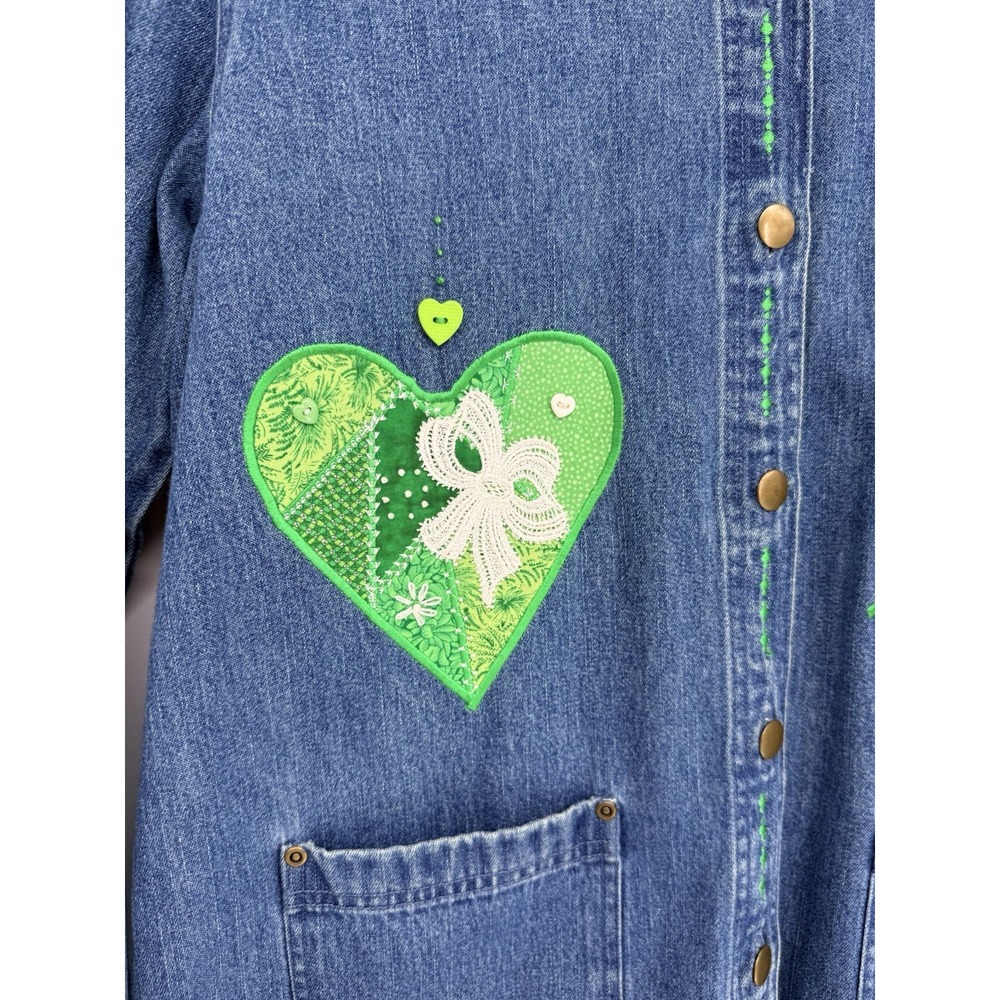 Classic Elements Womens Medium 10-12 Jean Top Green Accents St. Pattys Heart Vtg - Picture 2 of 11